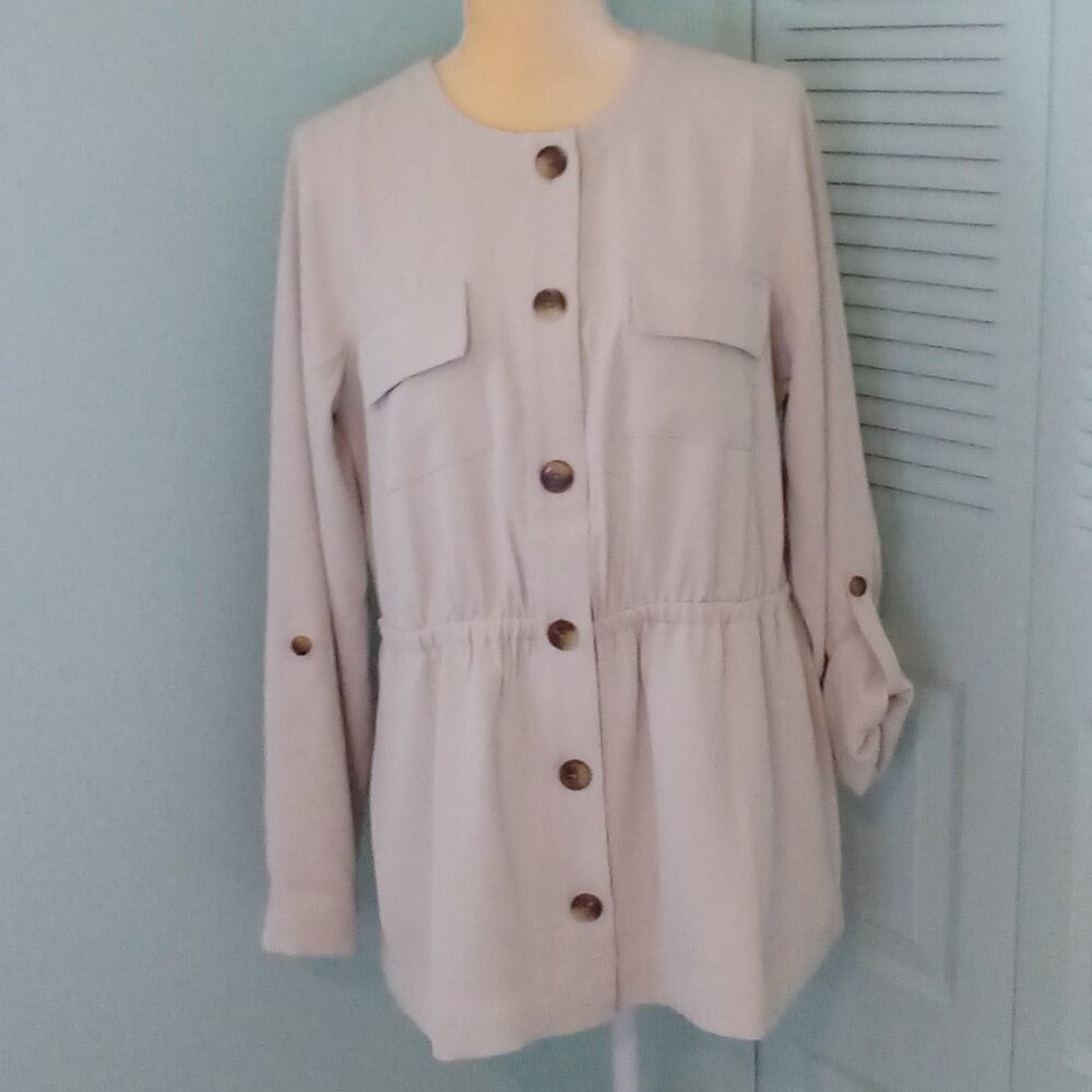NWT J.JILL WEAREVER COLLECTION BUTTON JACKET MED TALL T OATMEAL ROLL-TAB SLEEVES